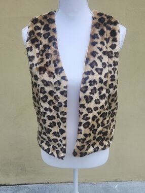 Leopard Print Faux Fur Open-Front Vest - Tan & Black